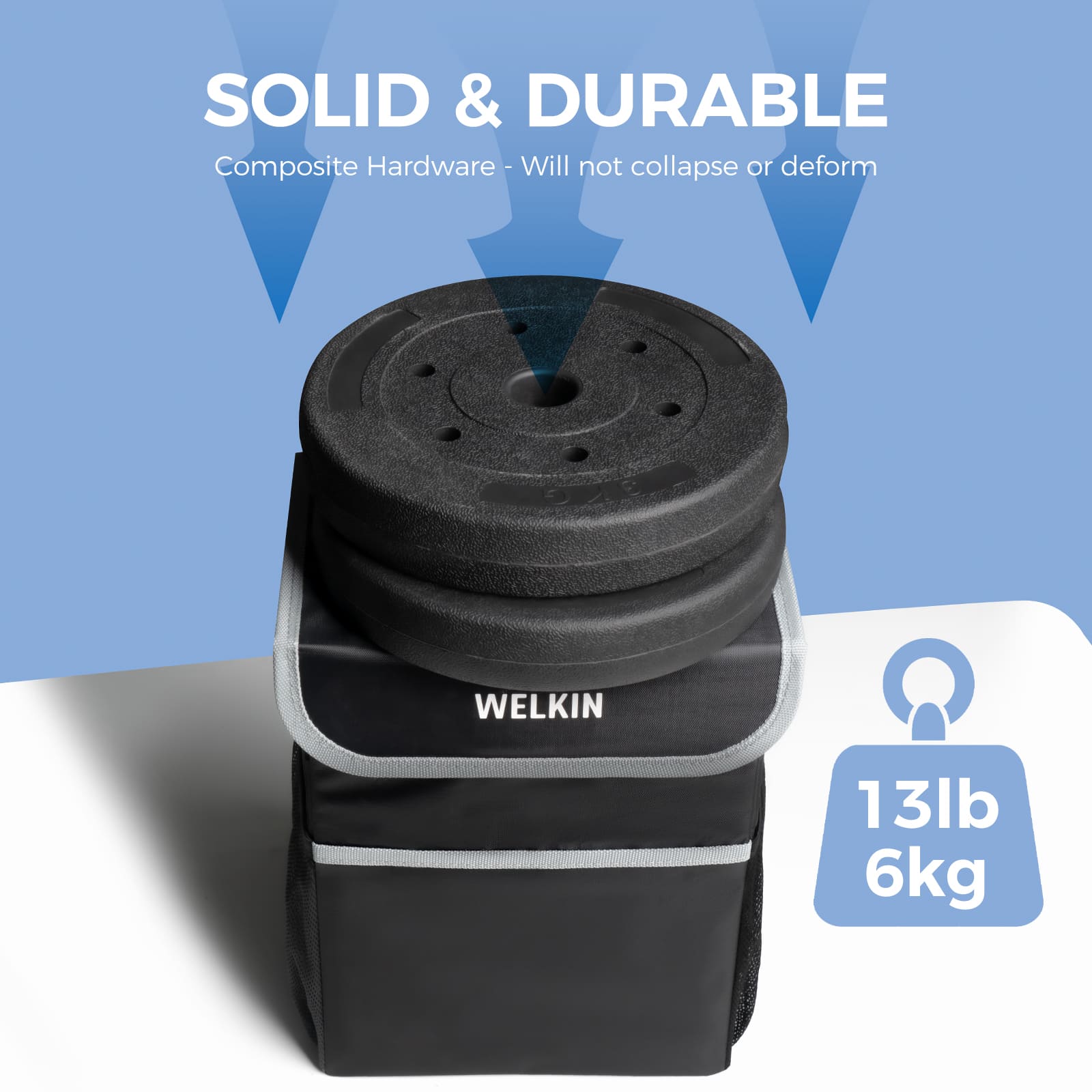Accessory image for the WELKIN Trash Can (A4301) demonstrating its Solid & Durable feature, with composite hardware that prevents collapse/deformity under a 13lb (6kg) load.