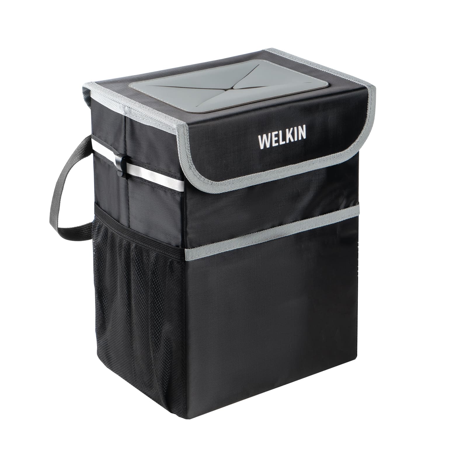 Main image of the WELKIN Car Trash Can (A4301) in black, showing the upright, rectangular shape with a gray trimmed lid and a gray X-shaped opening for trash disposal.