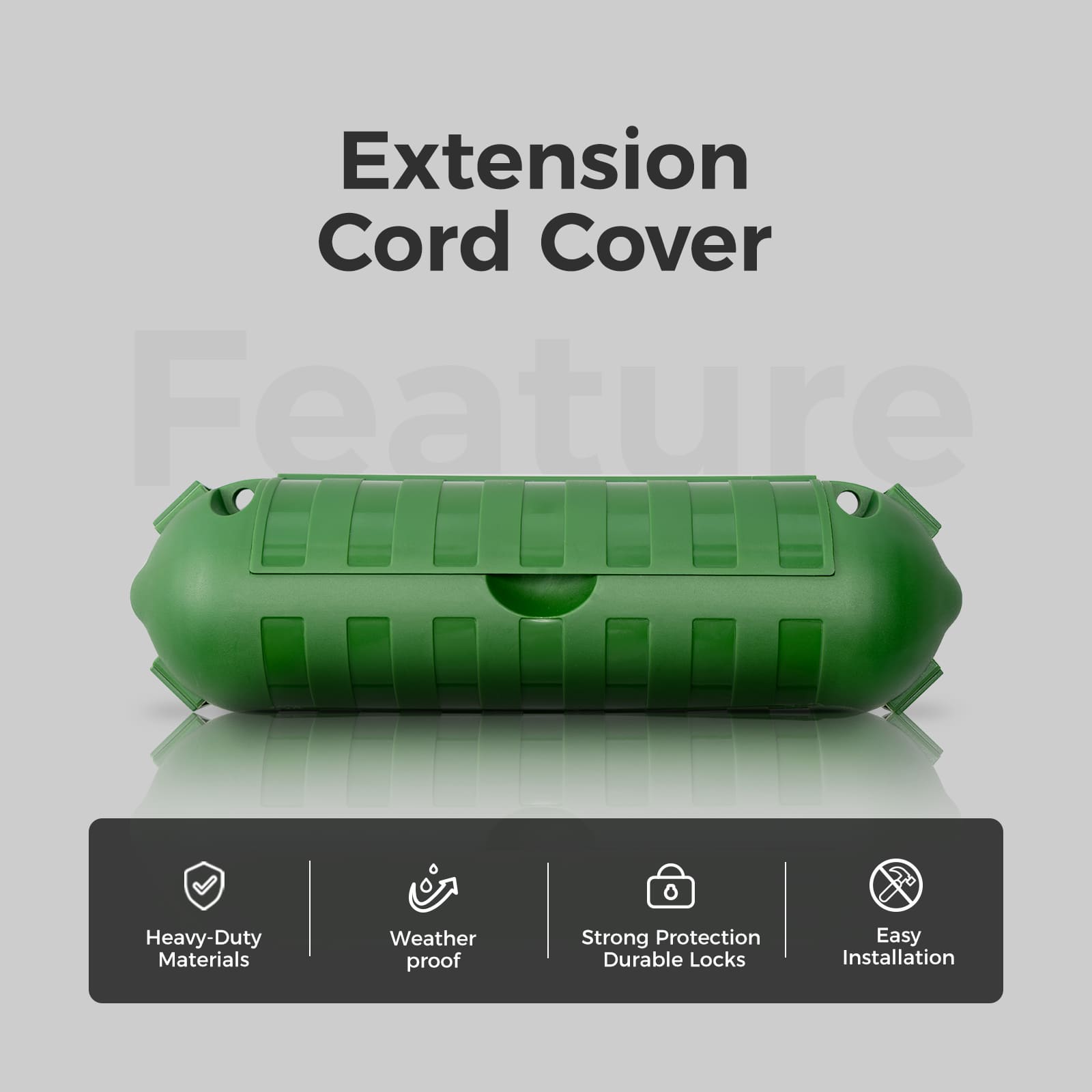 Accessory image for the WELKIN Extension Cord Cover (R1102). A green, weatherproof housing showcasing key features: heavy-duty materials, strong durable locks, and easy installation.