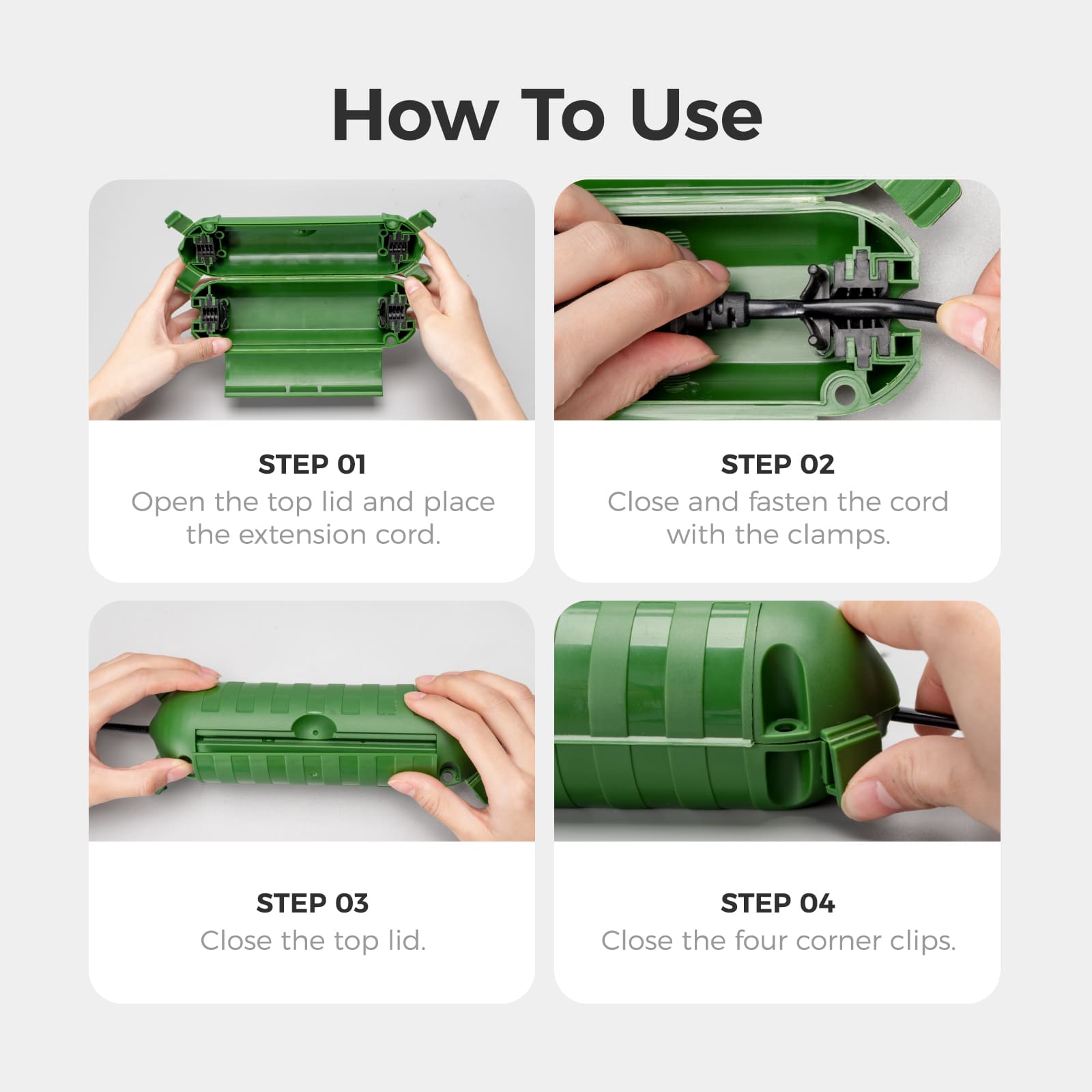 Accessory image for the WELKIN Extension Cord Cover (R1102), showing the four steps on how to use the cover: open the lid, fasten the cord with clamps, close the lid, and lock the corner clips.