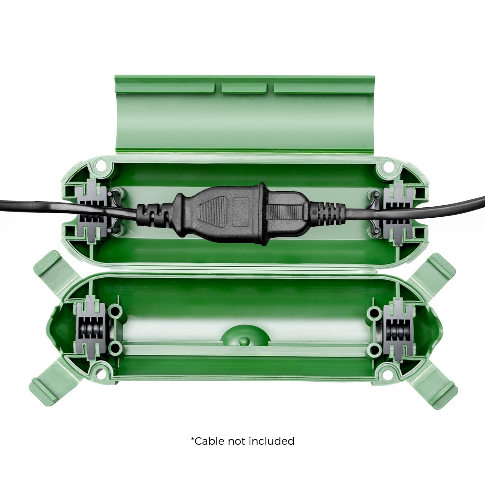 Accessory image for the WELKIN Extension Cord Cover (R1102). A green cover shown open with a cord connection inside, highlighting the internal structure and sealing mechanism.