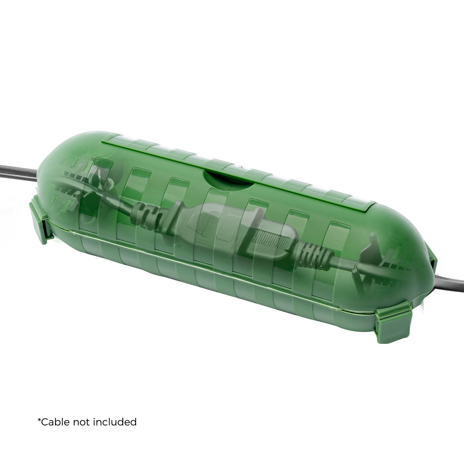 Feature image for the WELKIN Extension Cord Cover (R1102). A green, weatherproof housing securely protecting an outdoor electrical cord connection inside.