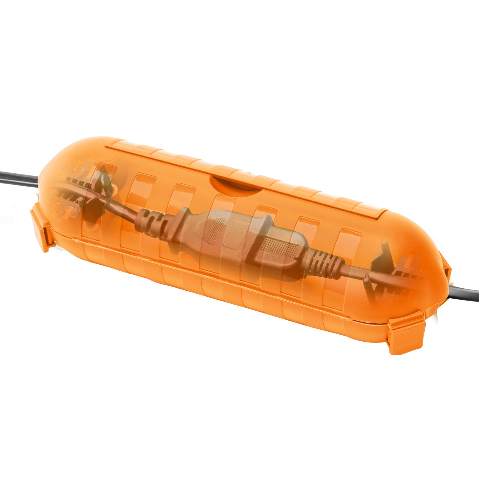 Feature image for the WELKIN Extension Cord Cover (R1103). An orange, waterproof housing securely protecting an electrical cord connection inside.