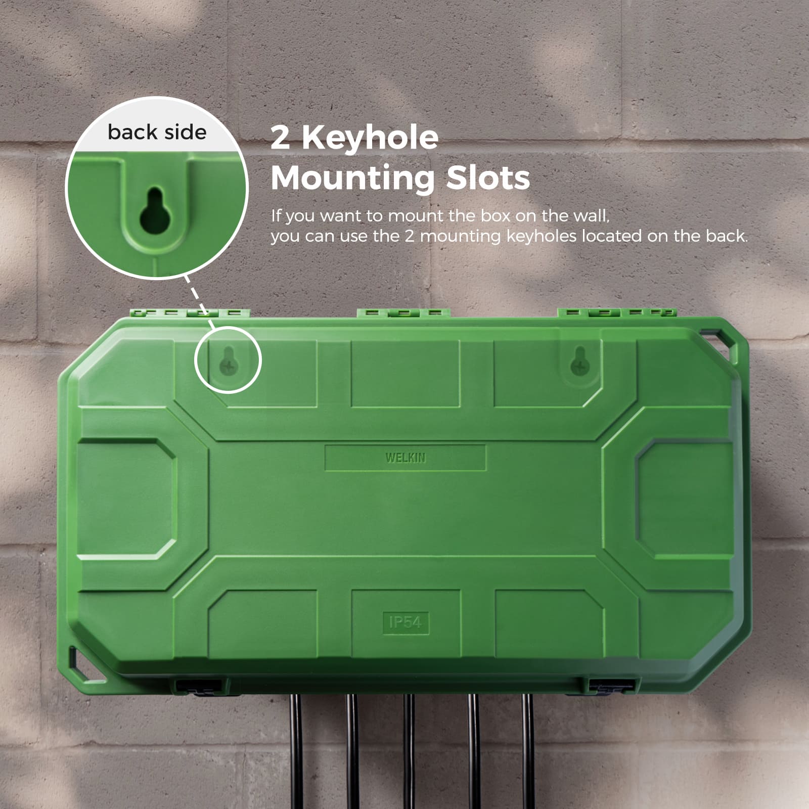 Accessory image for the WELKIN Outdoor Connection Box (R1105). The green box is shown from the back, highlighting the 2 keyhole mounting slots for easy wall installation.