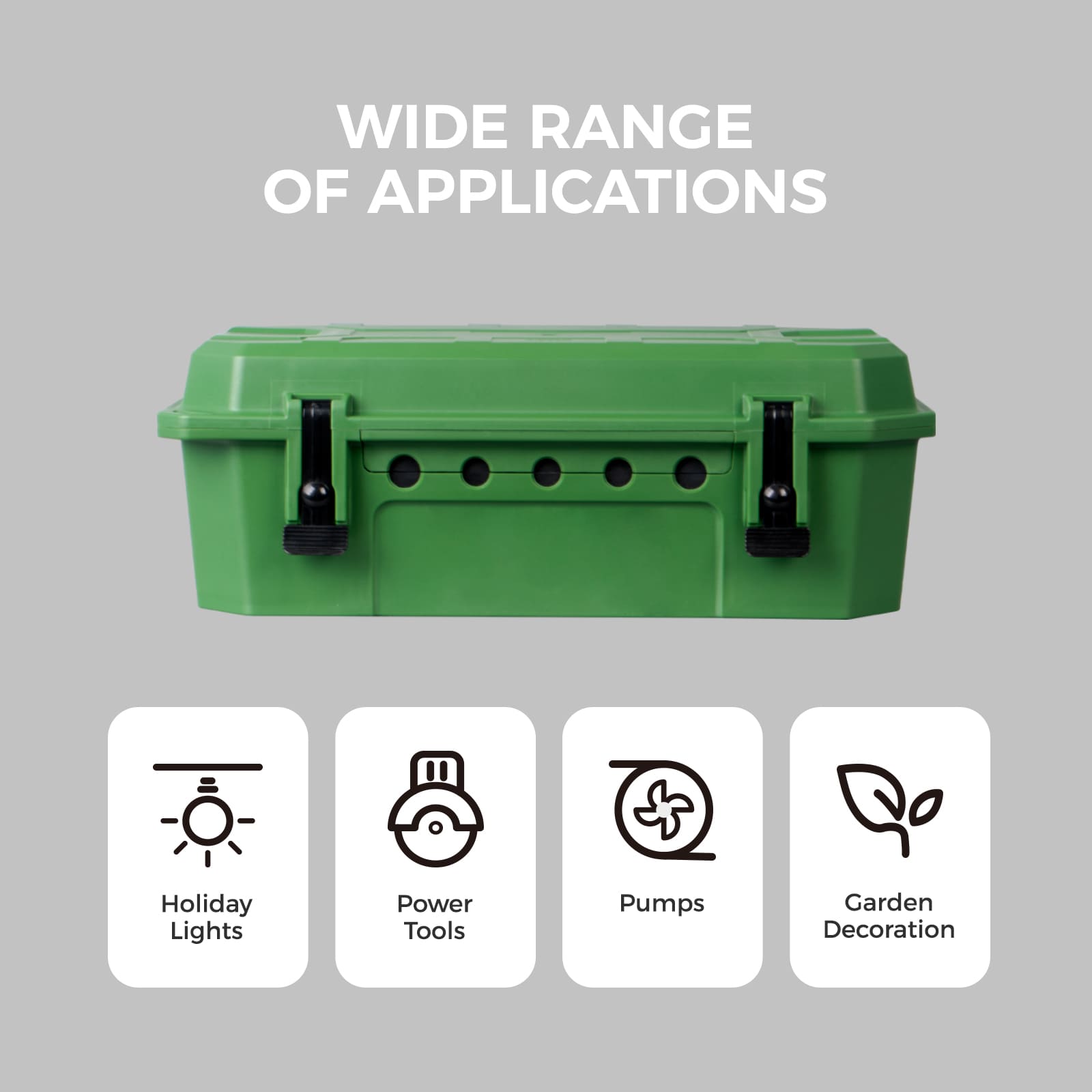 Accessory image for the WELKIN Outdoor Connection Box (R1105). A green box showing its wide range of applications: Holiday Lights, Power Tools, Pumps, and Garden Decoration.
