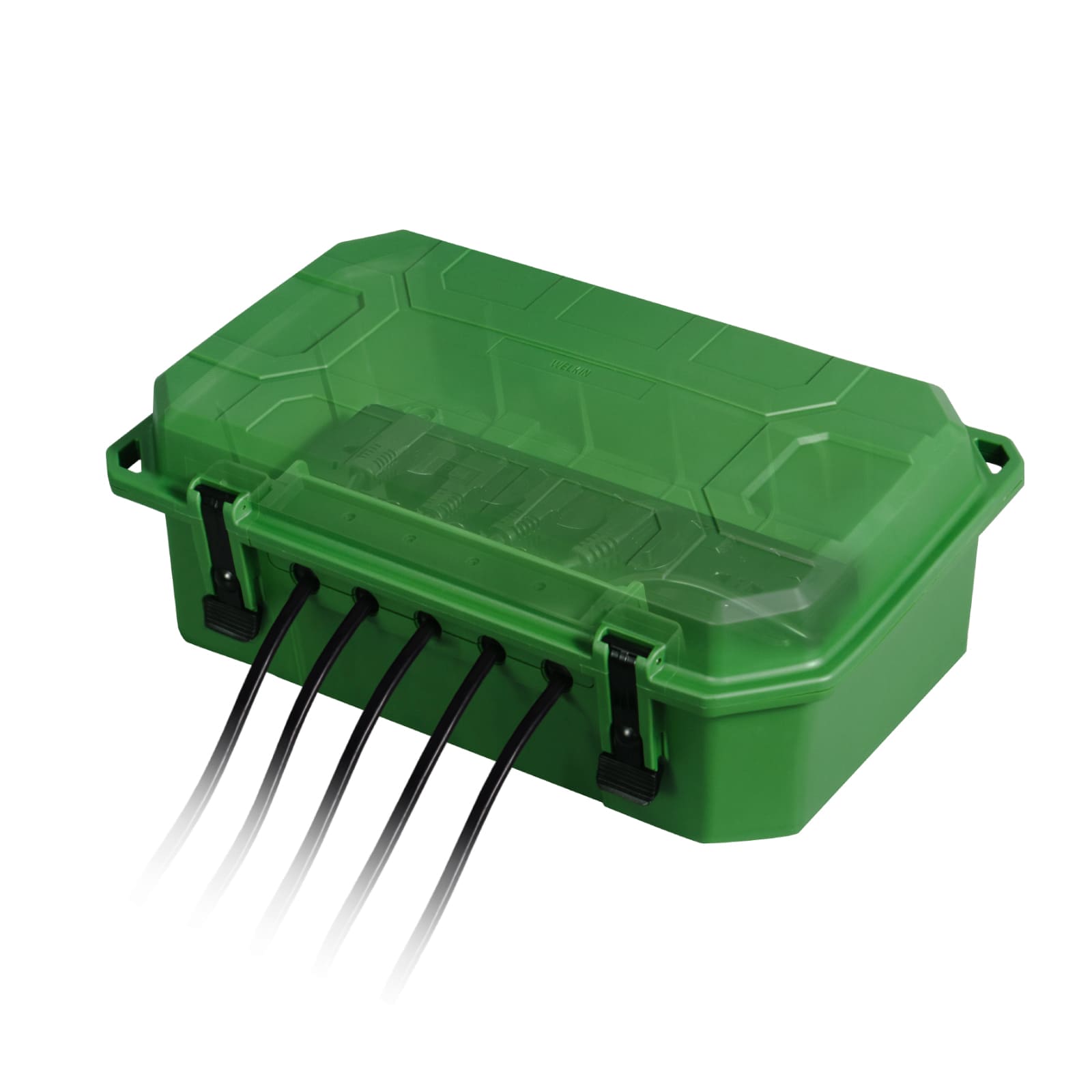 Feature image for the WELKIN Outdoor Connection Box (R1105). A green, weatherproof box protecting multiple electrical cord connections, suitable for outdoor power strips and larger connections.